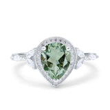 Art Deco Pear Teardrop Natural Green Amethyst Prasiolite Leaf Style Ring 925 Sterling Silver