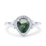 Art Deco Pear Teardrop Natural Green Moss Agate Leaf Style Ring 925 Sterling Silver