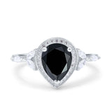 Art Deco Pear Teardrop Natural Black Onyx Leaf Style Ring 925 Sterling Silver