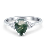 Pear Teardrop Natural Green Moss Agate Wedding Ring 925 Sterling Silver