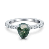 Art Deco Pear Teardrop Natural Green Moss Agate Wedding Ring 925 Sterling Silver