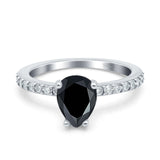 Art Deco Pear Teardrop Natural Black Onyx Wedding Ring 925 Sterling Silver