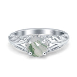 Vintage Style Round Natural Green Moss Agate Filigree Ring 925 Sterling Silver