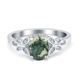 Art Deco Oval Natural Green Moss Agate Floral Butterfly Ring 925 Sterling Silver