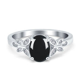 Art Deco Oval Natural Black Onyx Floral Butterfly Ring 925 Sterling Silver