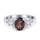 Art Deco Oval Natural Chocolate Smoky Quartz Floral Butterfly Ring 925 Sterling Silver