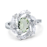 Floral Oval Natural Green Amethyst Prasiolite Cocktail Ring 925 Sterling Silver