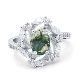 Floral Oval Natural Green Moss Agate Cocktail Ring 925 Sterling Silver