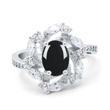 Floral Oval Natural Black Onyx Cocktail Ring 925 Sterling Silver