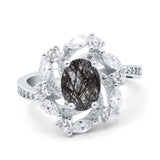 Floral Oval Natural Rutilated Quartz Cocktail Ring 925 Sterling Silver