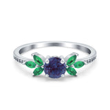 Art Deco Round Lab Alexandrite Floral Leaf Ring 925 Sterling Silver