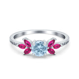 Round Natural Aquamarine Floral Marquise Ruby CZ Ring 925 Sterling Silver