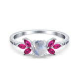 Round Natural Moonstone Floral Marquise Ruby CZ Ring 925 Sterling Silver