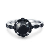 Art Deco Round Natural Black Onyx Flower Ring 925 Sterling Silver