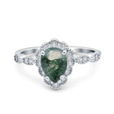 Pear Teardrop Natural Green Moss Agate Vintage Style Ring 925 Sterling Silver