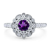 Floral Round Natural Amethyst Halo Wedding Ring 925 Sterling Silver