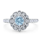 Floral Round Natural Aquamarine Halo Wedding Ring 925 Sterling Silver