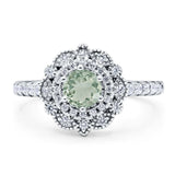 Floral Round Natural Green Amethyst Prasiolite Halo Wedding Ring 925 Sterling Silver