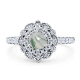 Floral Round Natural Green Moss Agate Halo Wedding Ring 925 Sterling Silver