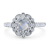 Floral Round Natural Moonstone Halo Wedding Ring 925 Sterling Silver