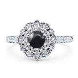 Floral Round Natural Black Onyx Halo Wedding Ring 925 Sterling Silver