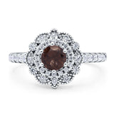 Floral Round Natural Chocolate Smoky Quartz Halo Wedding Ring 925 Sterling Silver