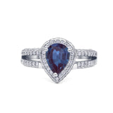 Pear Teardrop Lab Alexandrite Halo Split Shank Ring 925 Sterling Silver