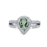 Pear Teardrop Natural Green Amethyst Prasiolite Halo Split Shank Ring 925 Sterling Silver