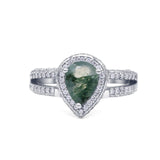 Pear Teardrop Natural Green Moss Agate Halo Split Shank Ring 925 Sterling Silver