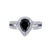 Pear Teardrop Natural Black Onyx Halo Split Shank Ring 925 Sterling Silver