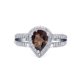 Pear Teardrop Natural Chocolate Smoky Quartz Halo Split Shank Ring 925 Sterling Silver