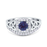 Cushion Cut Halo Round Lab Alexandrite Trinity Ring 925 Sterling Silver