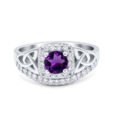 Cushion Cut Halo Round Natural Amethyst Trinity Ring 925 Sterling Silver