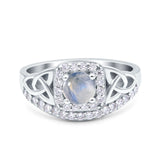 Cushion Cut Halo Round Natural Moonstone Trinity Ring 925 Sterling Silver