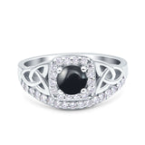 Cushion Cut Halo Round Natural Black Onyx Trinity Ring 925 Sterling Silver