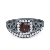 Cushion Cut Halo Round Natural Chocolate Smoky Quartz Trinity Ring 925 Sterling Silver