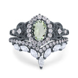 Oval Natural Stone Wedding Set Chevron Ring