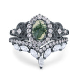 Oval Natural Stone Wedding Set Chevron Ring