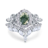 Oval Natural Stone Wedding Set Chevron Ring
