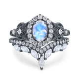 Oval Natural Stone Wedding Set Chevron Ring