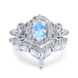 Oval Natural Stone Wedding Set Chevron Ring