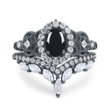 Oval Natural Stone Wedding Set Chevron Ring