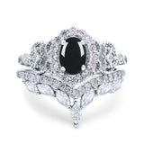 Two Piece Oval Natural Black Onyx Chevron Ring Wedding Set 925 Sterling Silver