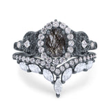 Oval Natural Stone Wedding Set Chevron Ring