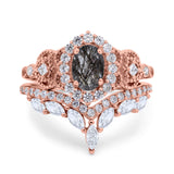 Oval Natural Stone Wedding Set Chevron Ring