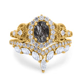 Oval Natural Stone Wedding Set Chevron Ring