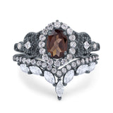 Oval Natural Stone Wedding Set Chevron Ring