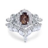 Oval Natural Stone Wedding Set Chevron Ring