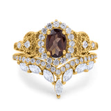Oval Natural Stone Wedding Set Chevron Ring