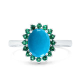 Art Deco Oval Genuine Natural Arizona Sleeping Beauty Turquoise Halo Flower Ring 925 Sterling Silver